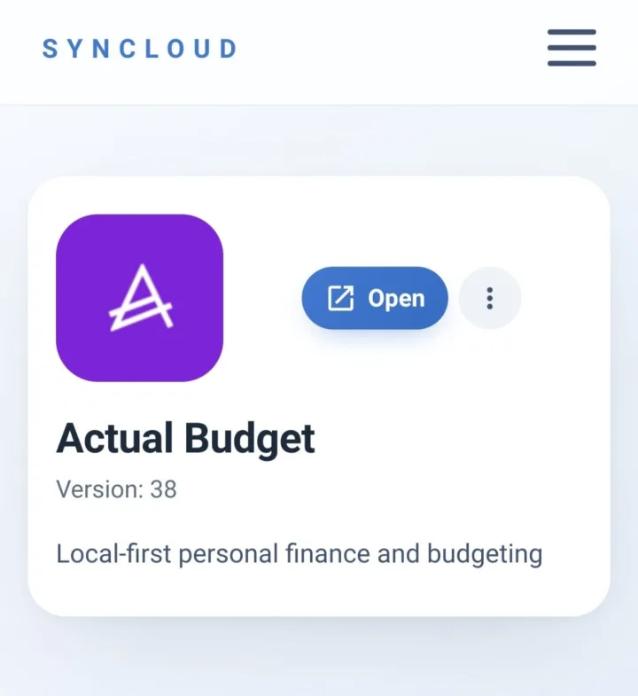 The Syncloud app page for Actual Budget, showing a purple A icon, Version: 38, the line local-first personal finance and budgeting, and an Open button