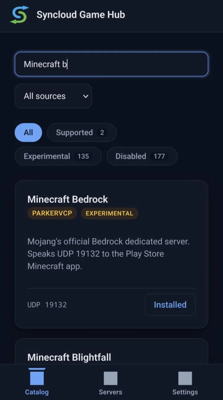 The Game Hub catalog searched for Minecraft, with filters reading Supported 2, Experimental 135 and Disabled 177, and a Minecraft Bedrock entry tagged experimental listening on UDP 19132