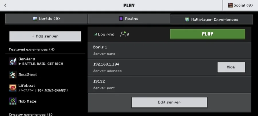 A Minecraft Bedrock client multiplayer screen listing a server at address 192.168.1.104 port 19132 with a low ping