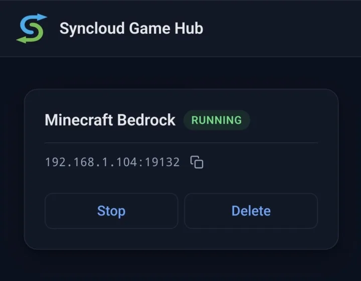 The Game Hub servers view showing a Minecraft Bedrock server marked running at 192.168.1.104 port 19132, with stop and delete buttons