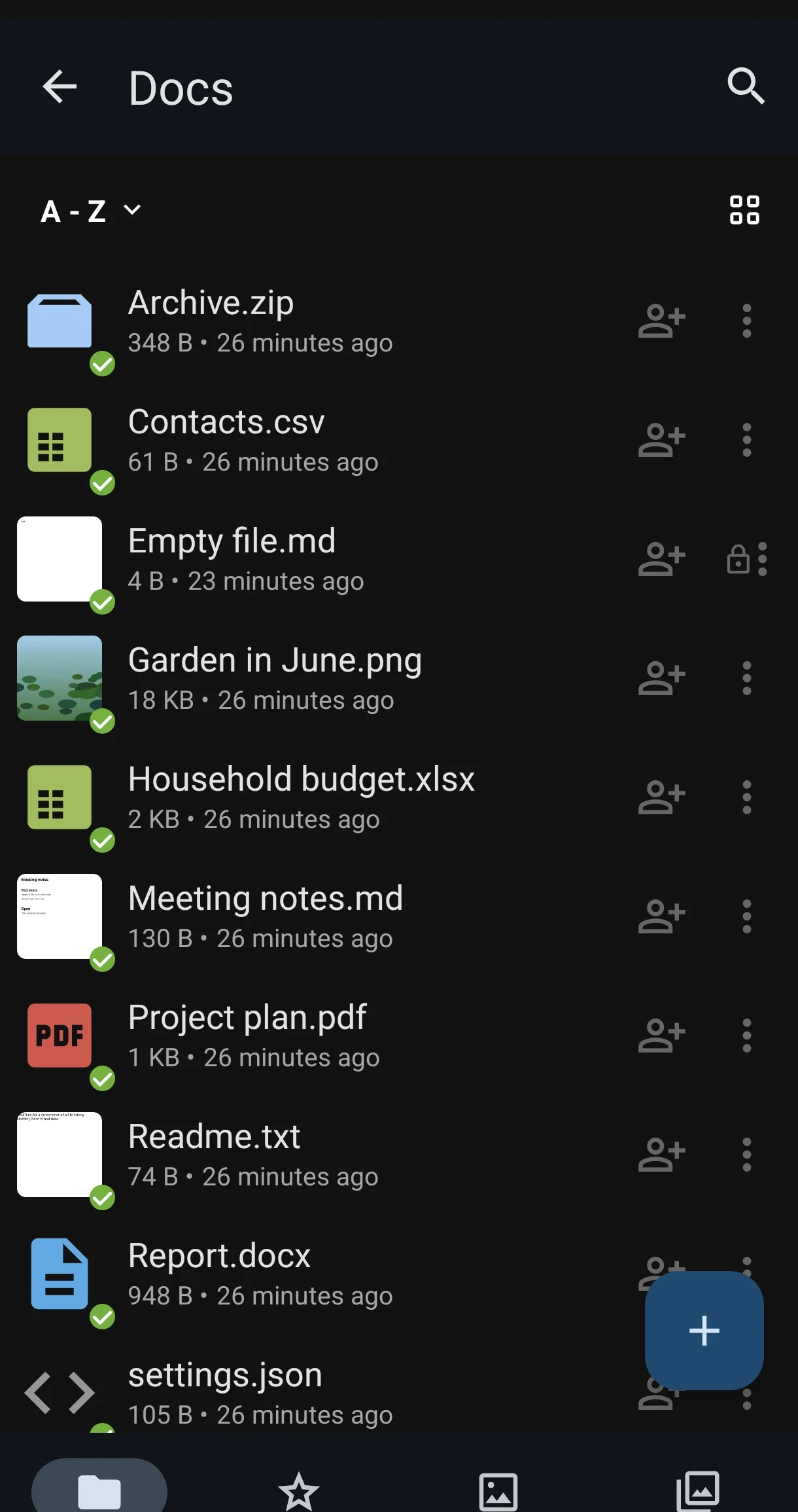 Nextcloud on a phone showing documents, photos and a spreadsheet synced